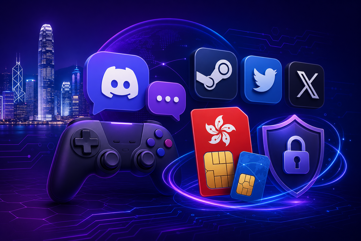 Discord Steam Twitter X账号注册指南封面:游戏与社交图标与香港注册卡