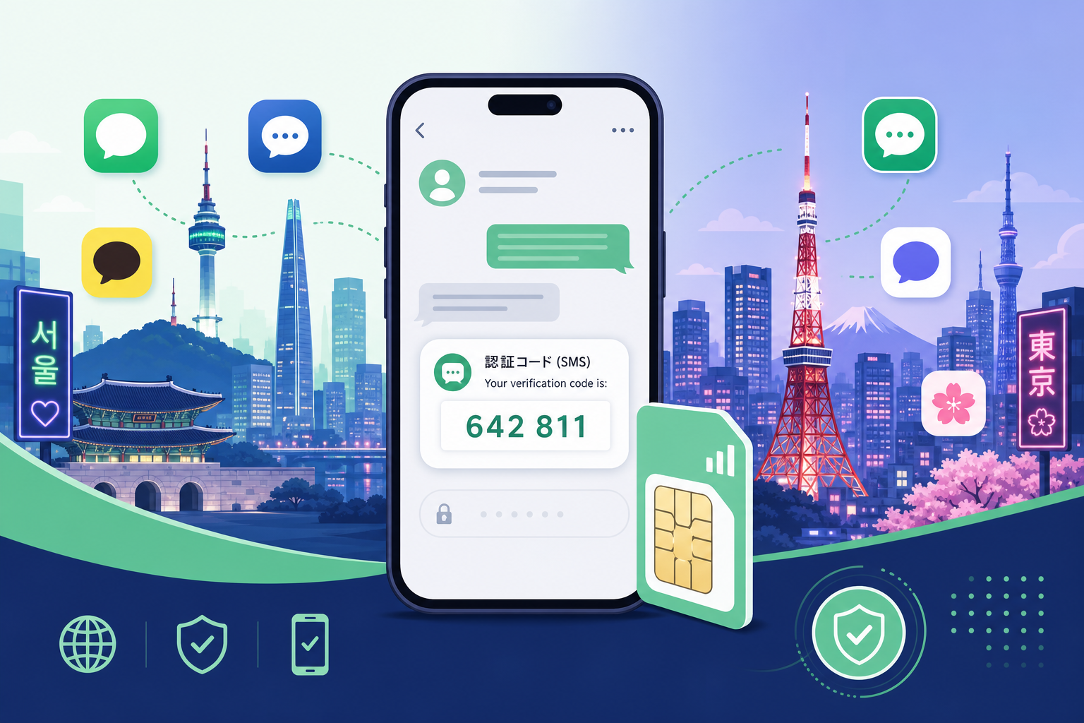 Naver Kakao LINE 日韩账号注册指南封面：手机短信验证码与SIM卡